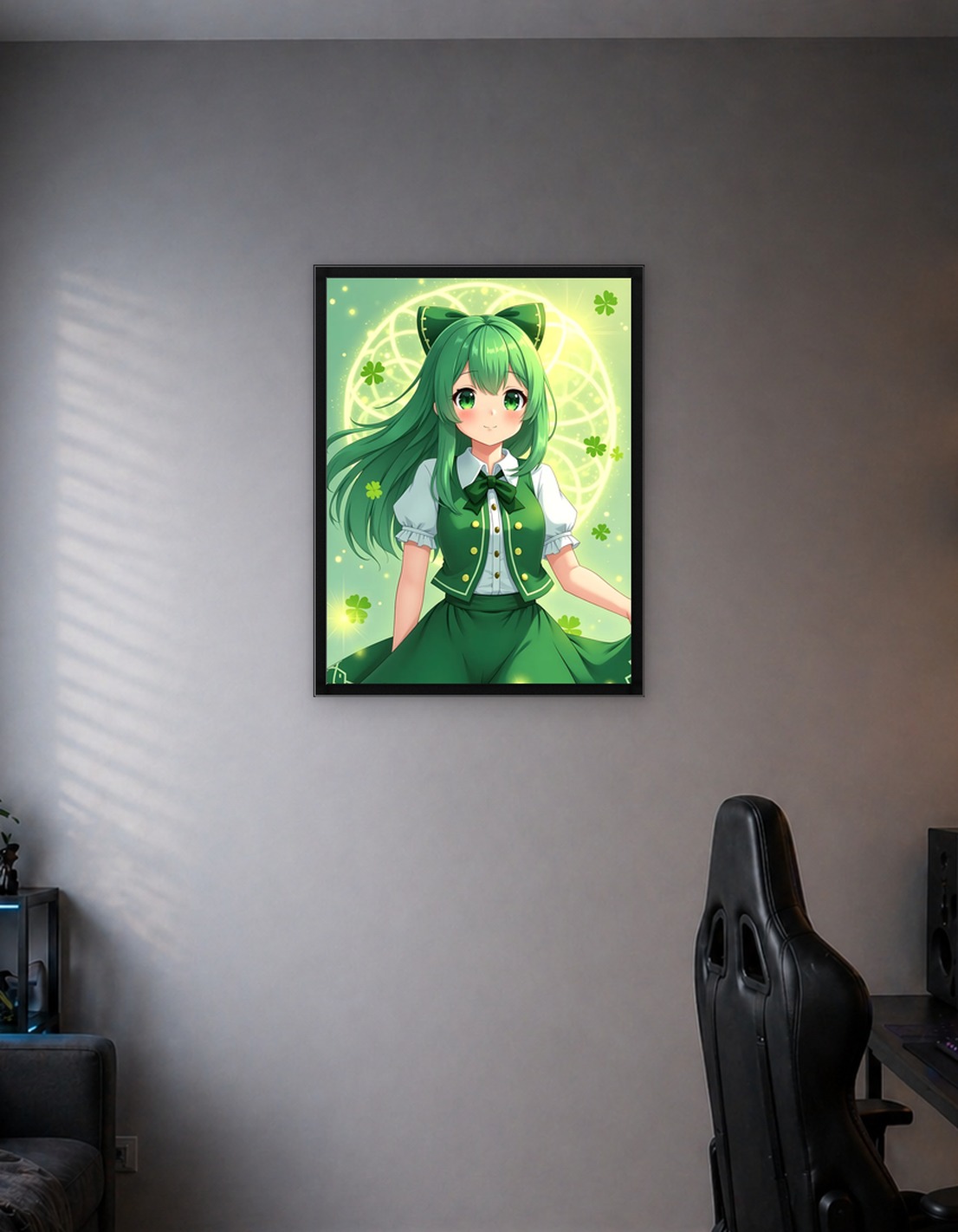 Green Emerald Shamrock Anime Girl with Clovers
