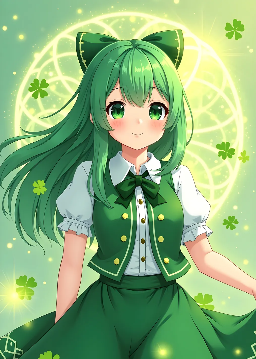 Green Emerald Shamrock Anime Girl with Clovers