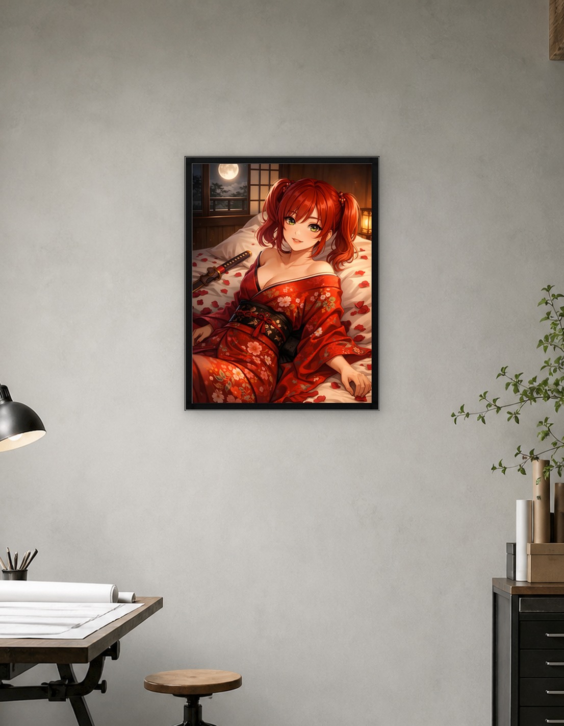 Moonlit Crimson Reverie Anime Girl in Kimono with Katana