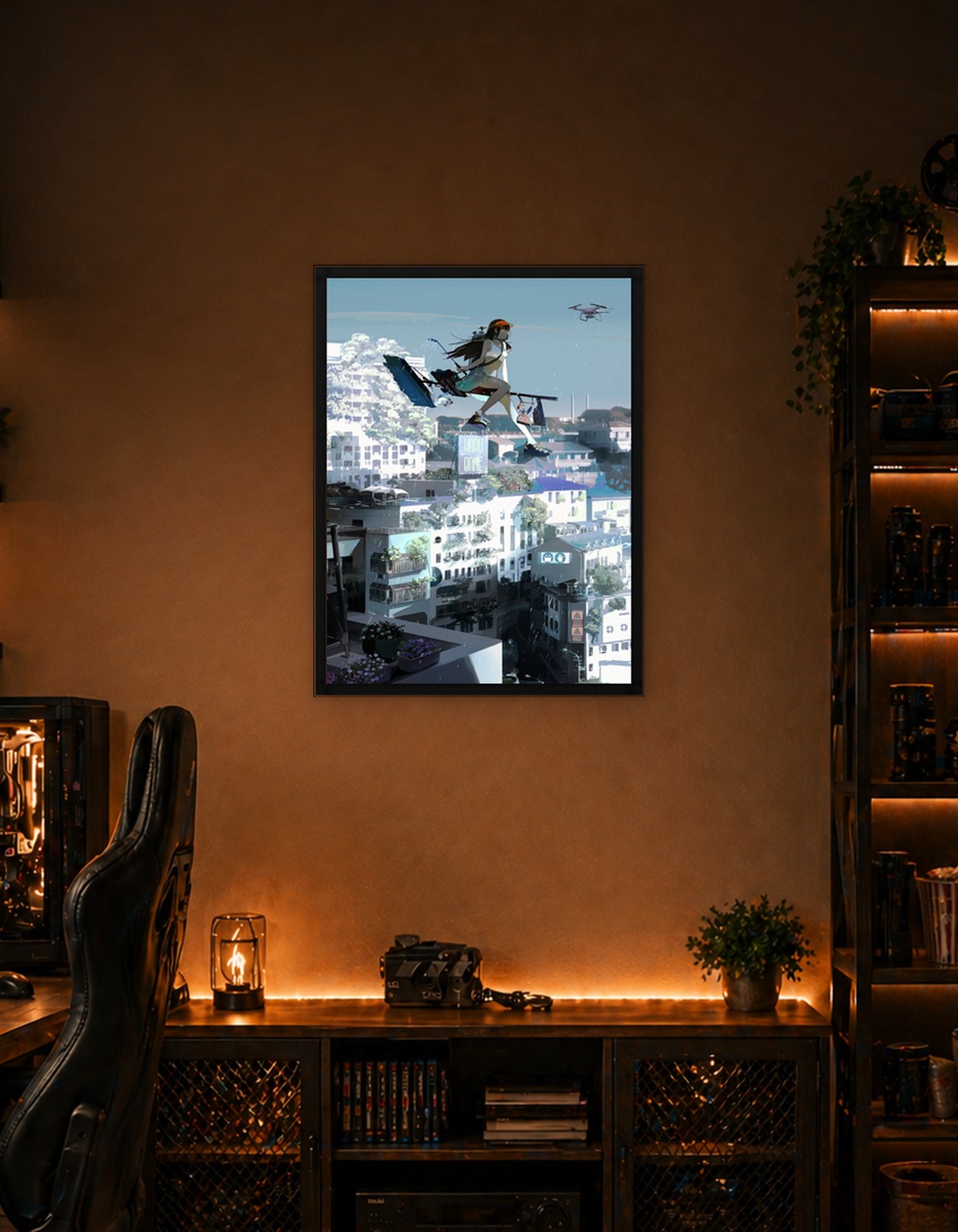 Girl flying over city with drone