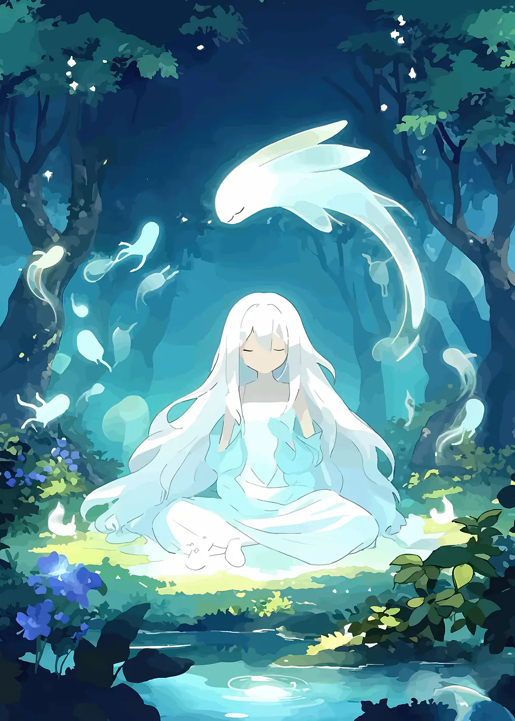 Girl Meditating with Spirits in Forest