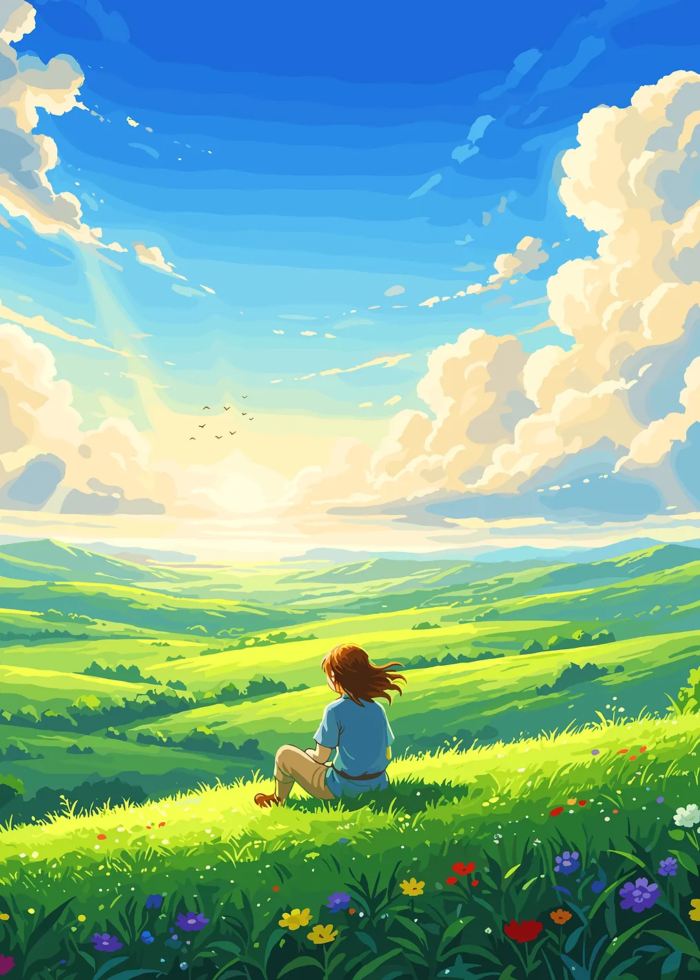 Girl in meadow, anime style