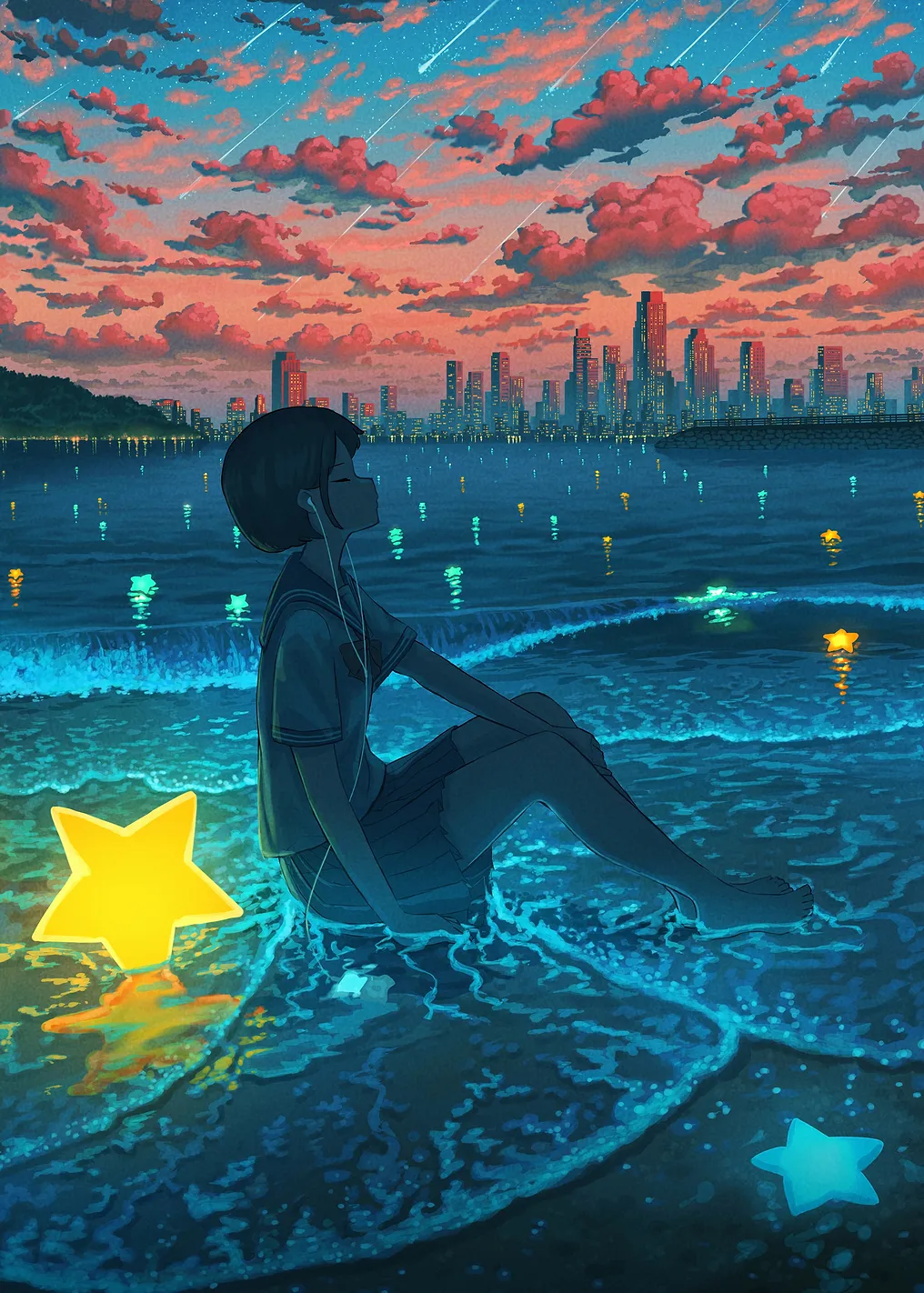Girl on Beach with Star Lights