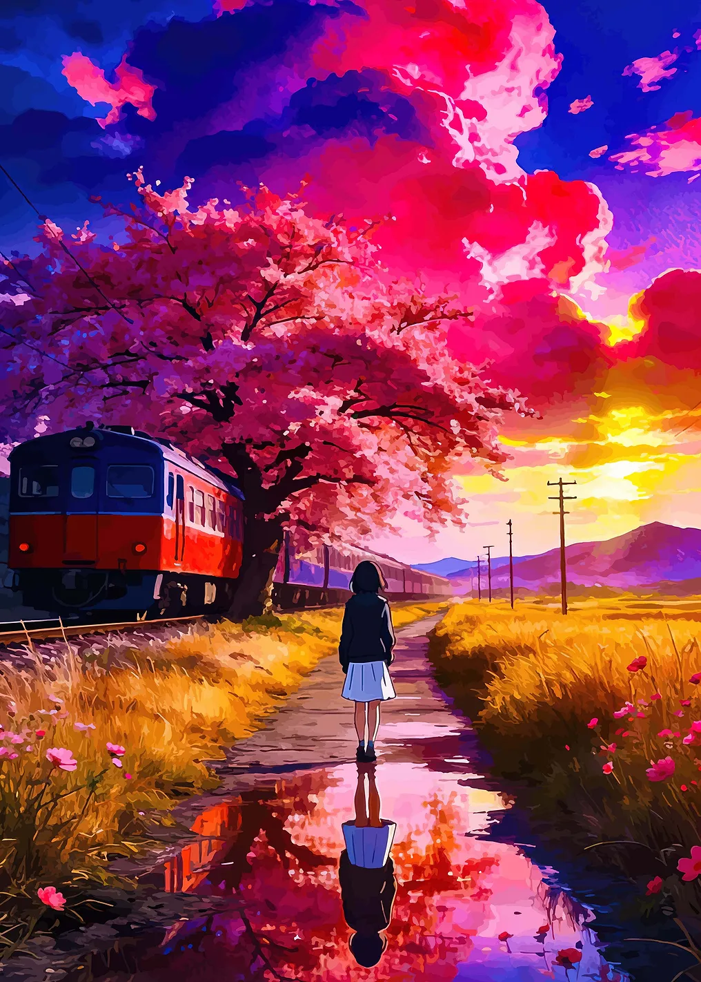 Girl by Train Under Cherry Blossoms