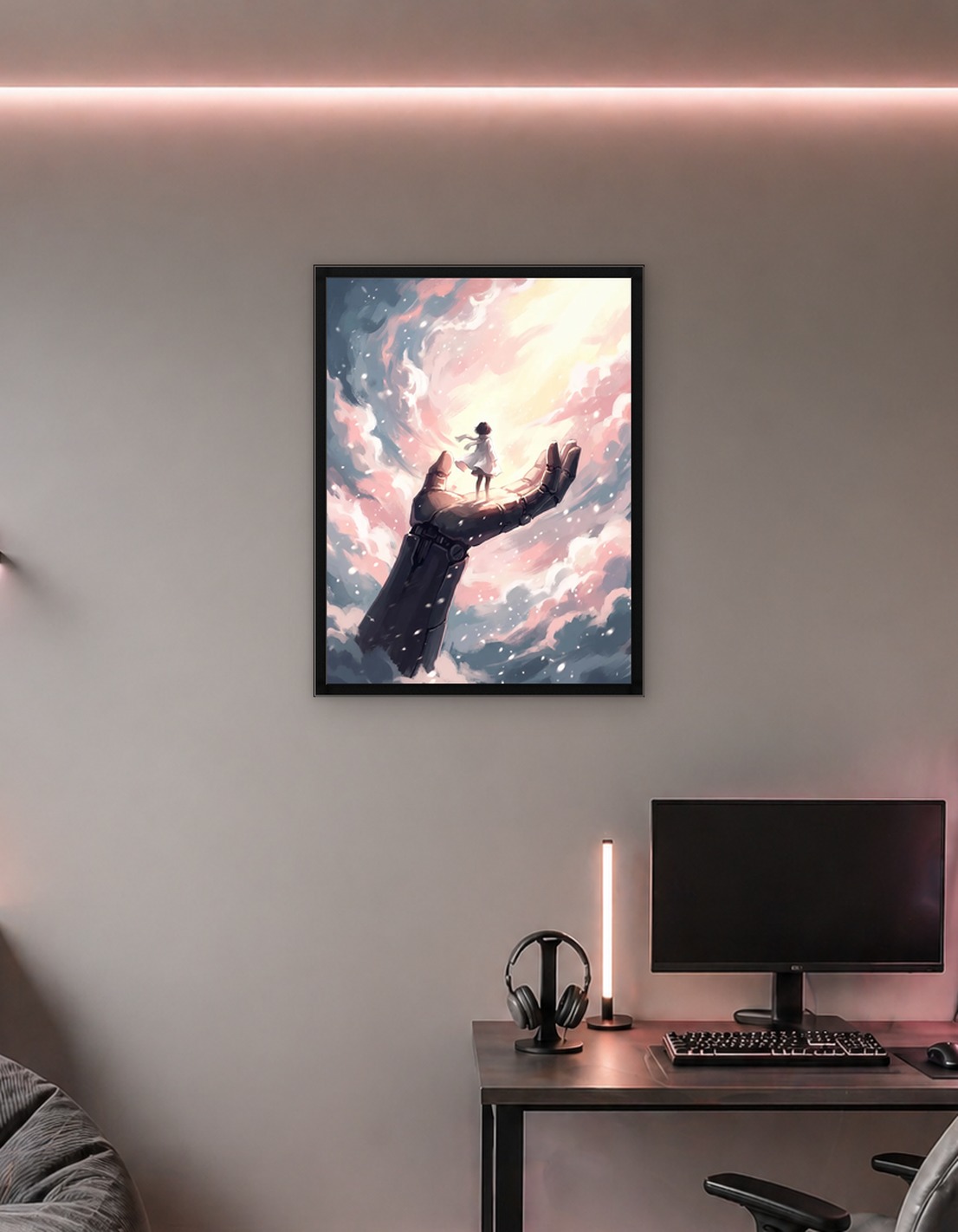 Girl on Robotic Hand in Clouds