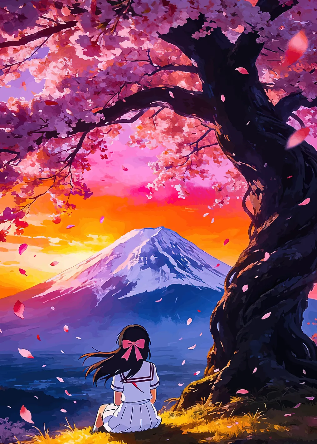 Girl Watching Mount Fuji Under Cherry Blossoms