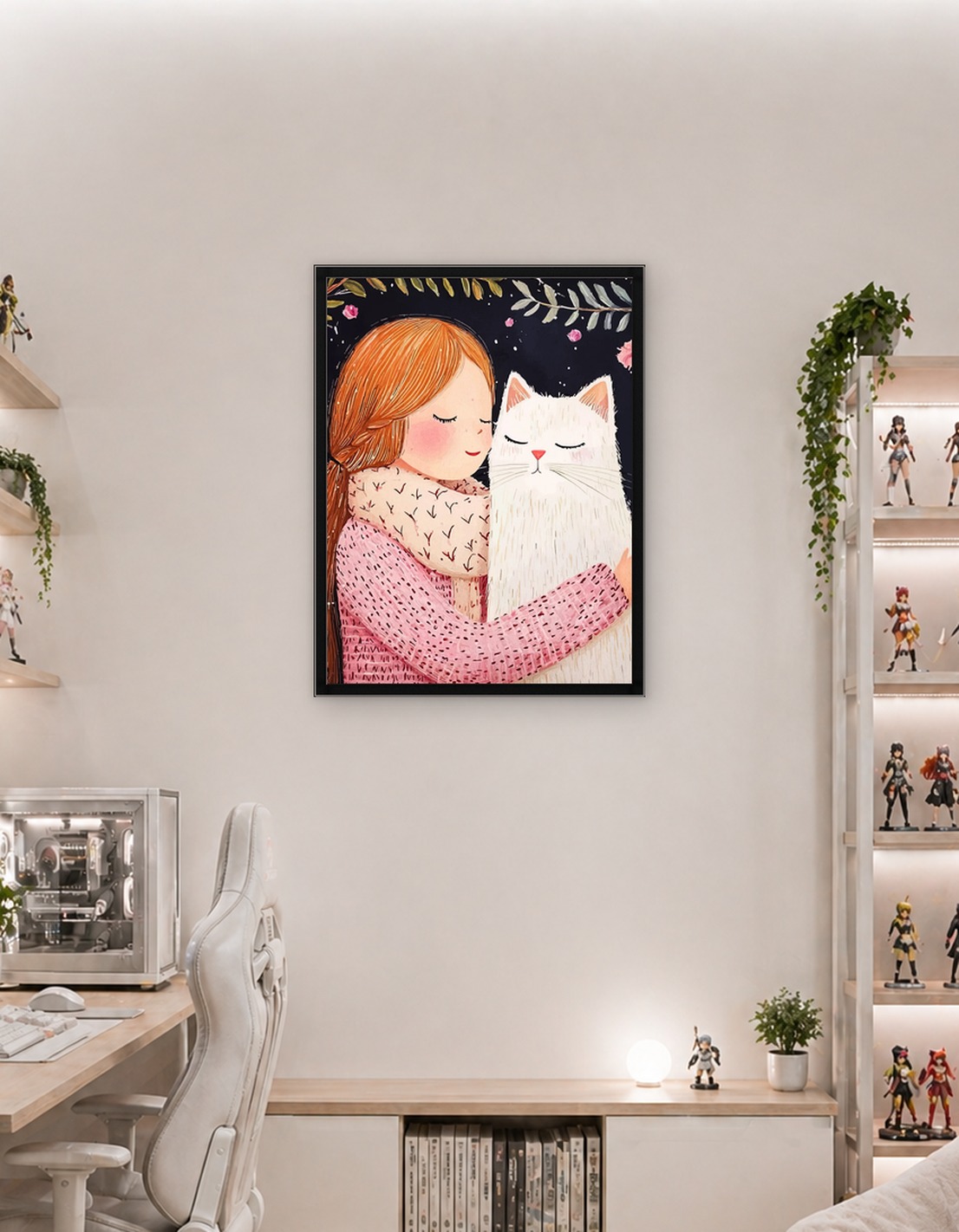 Girl hugging a white cat