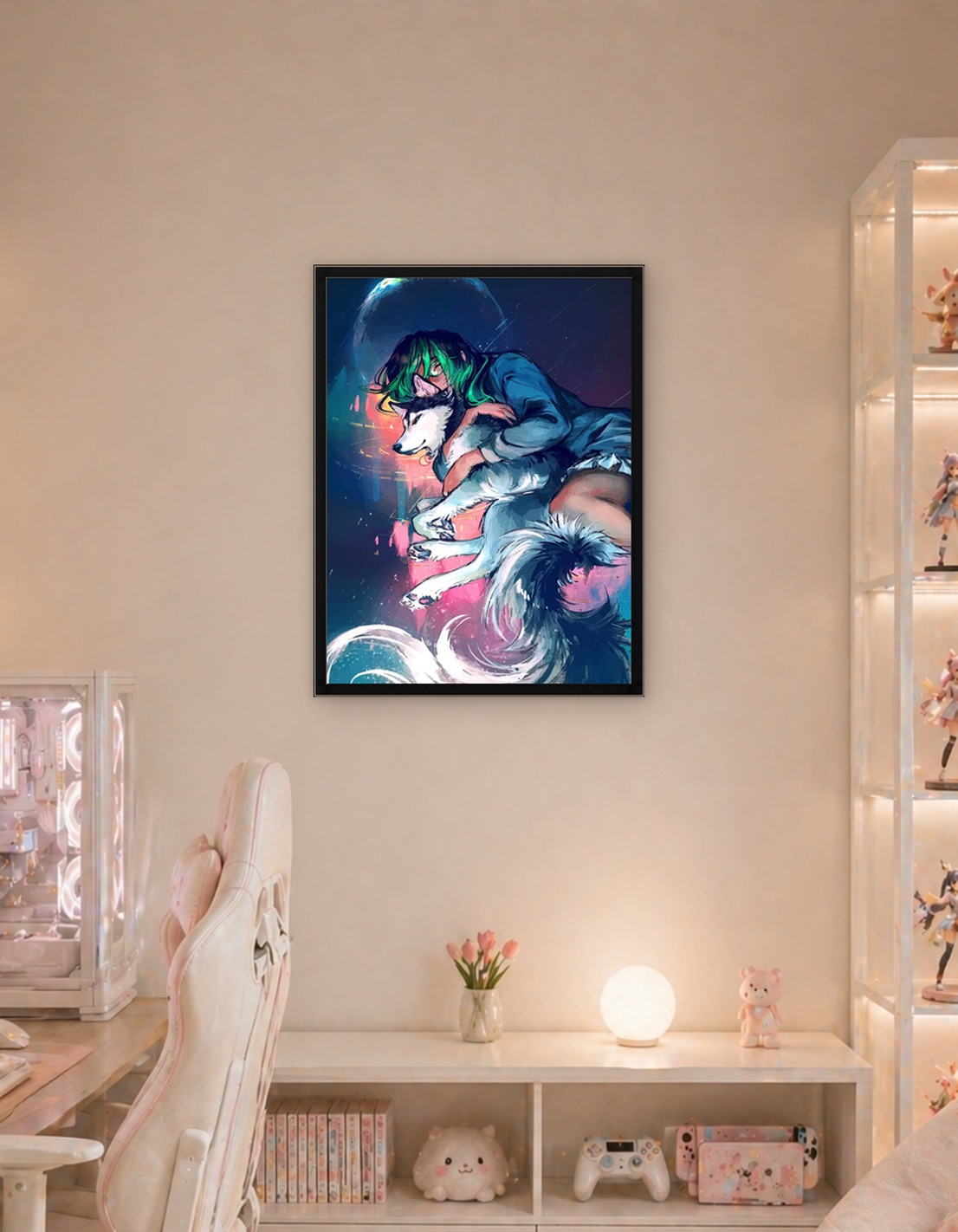 Girl hugging husky dog digital art