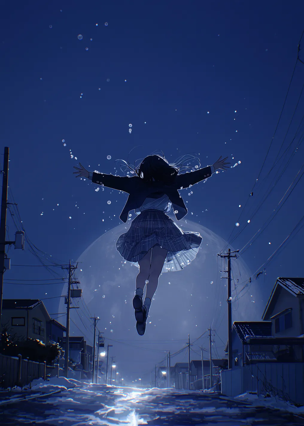 Girl floating in the night sky