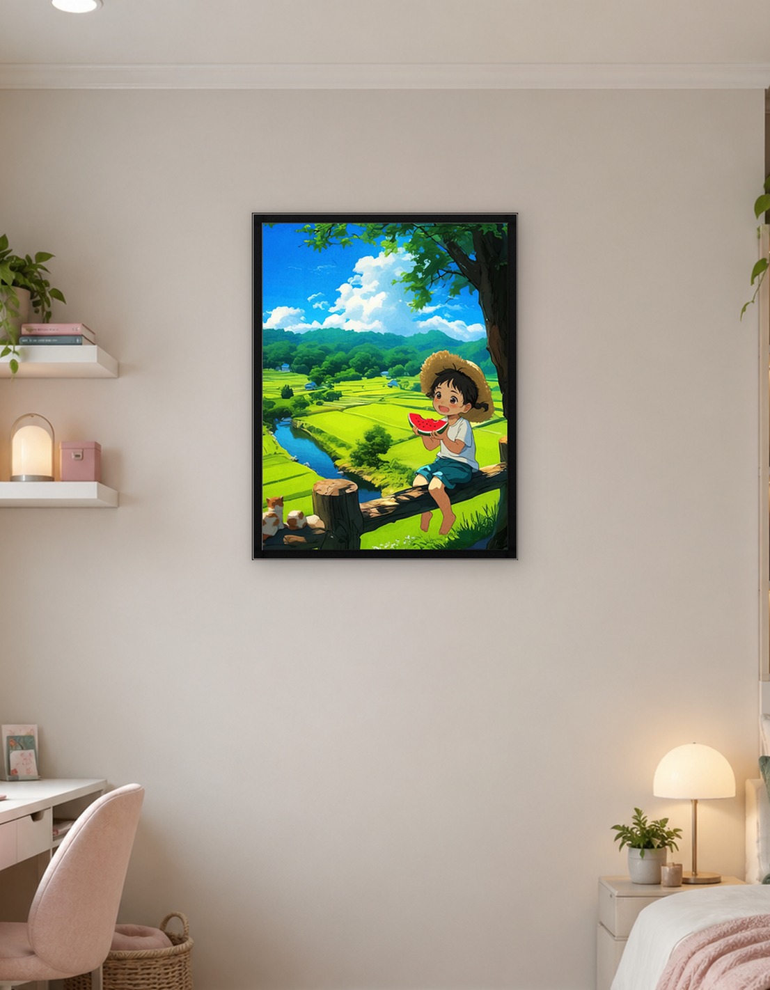 Girl with Watermelon in Rural Landscape