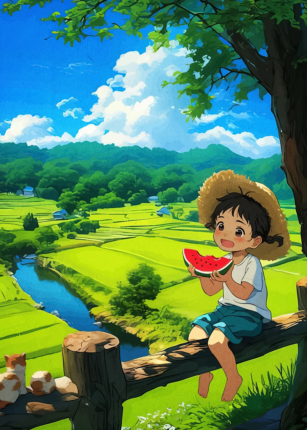 Girl with Watermelon in Rural Landscape