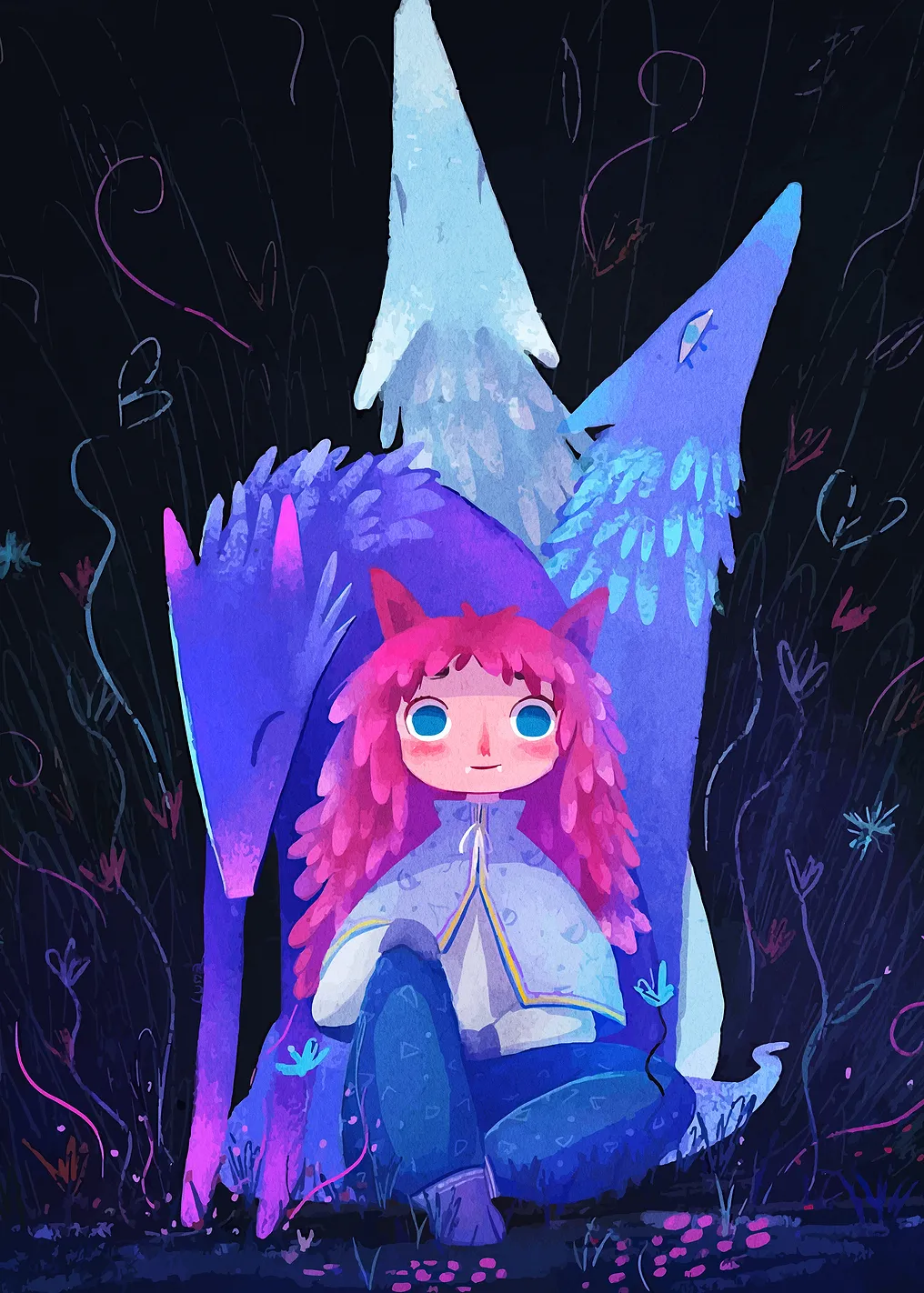 Girl with Wolves in Dark Forest