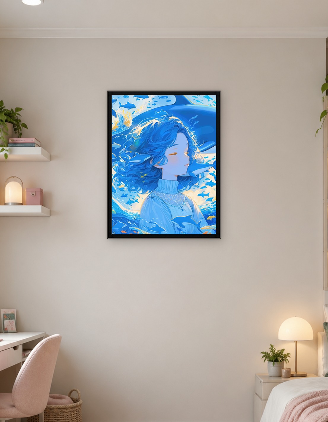 Girl with Blue Hair and Dolphins