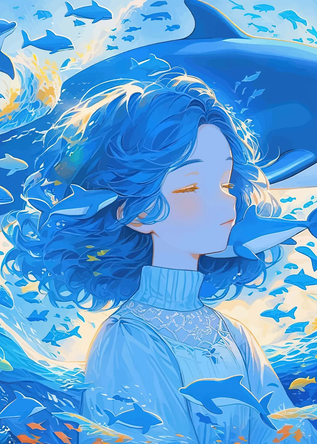 Girl with Blue Hair and Dolphins