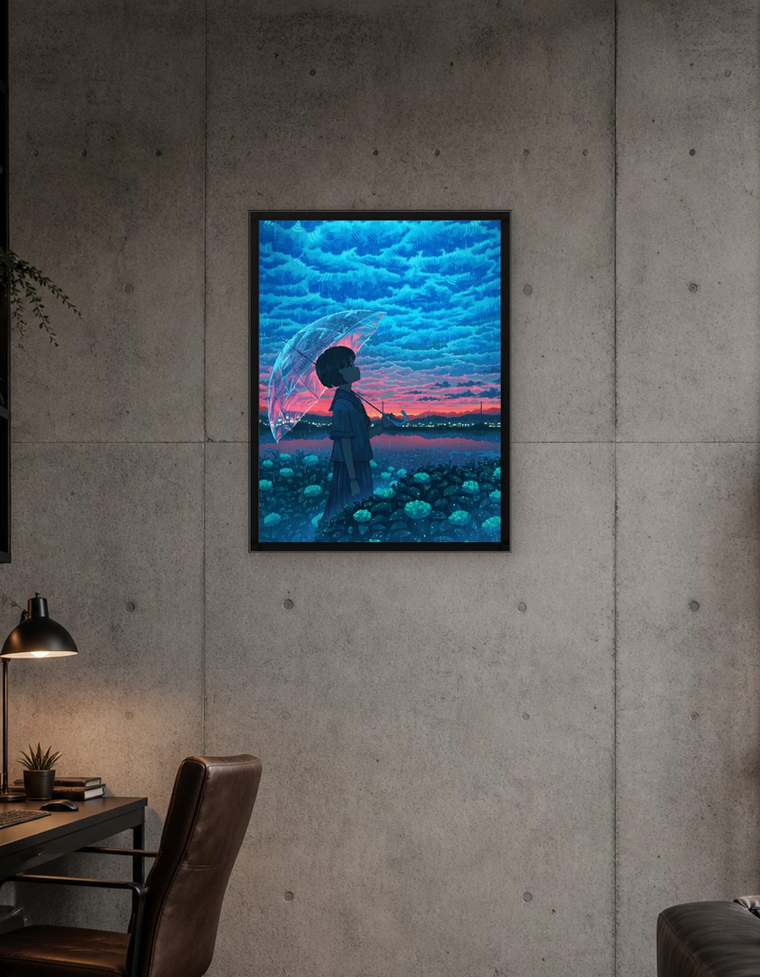 Girl with Umbrella in Rainy Landscape