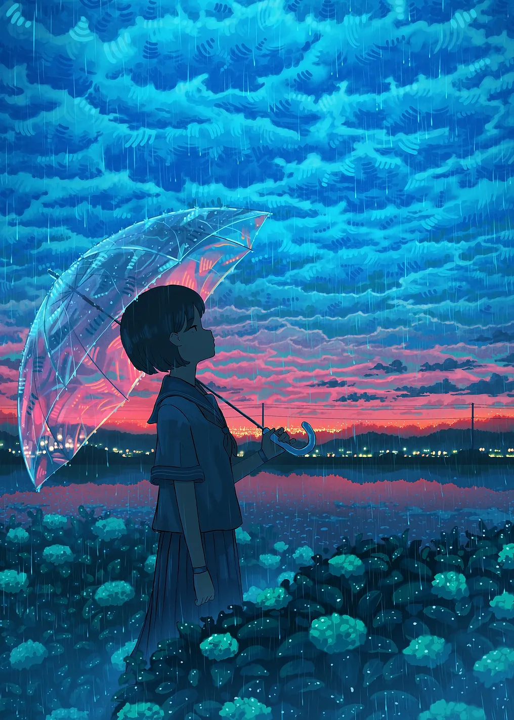 Girl with Umbrella in Rainy Landscape