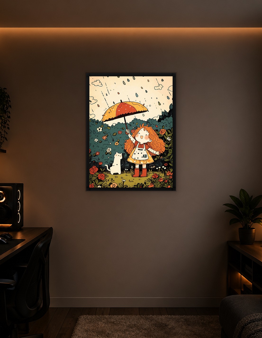 Girl with Umbrella and Cat in Rain - 9409417