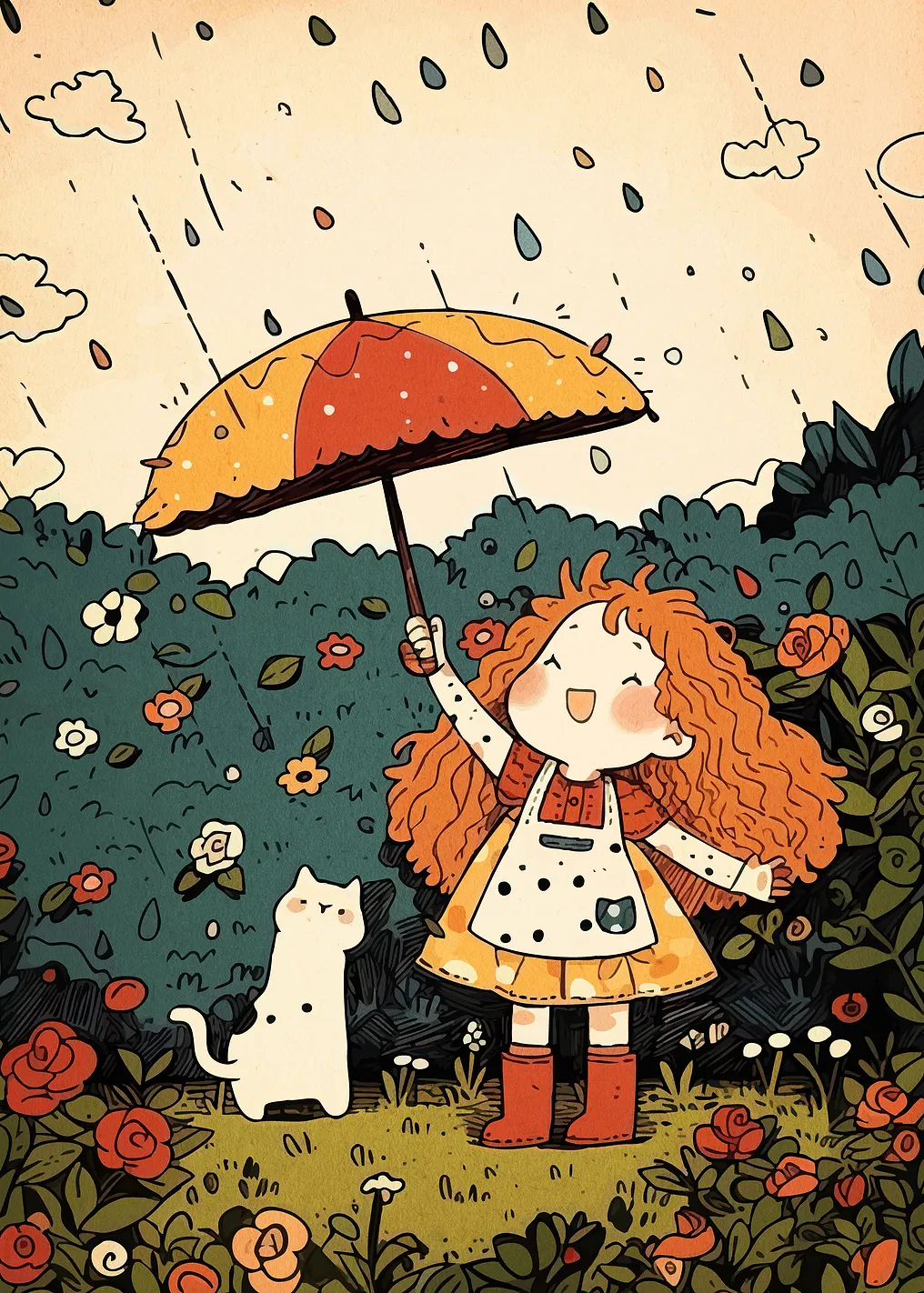 Girl with Umbrella and Cat in Rain - 9409417