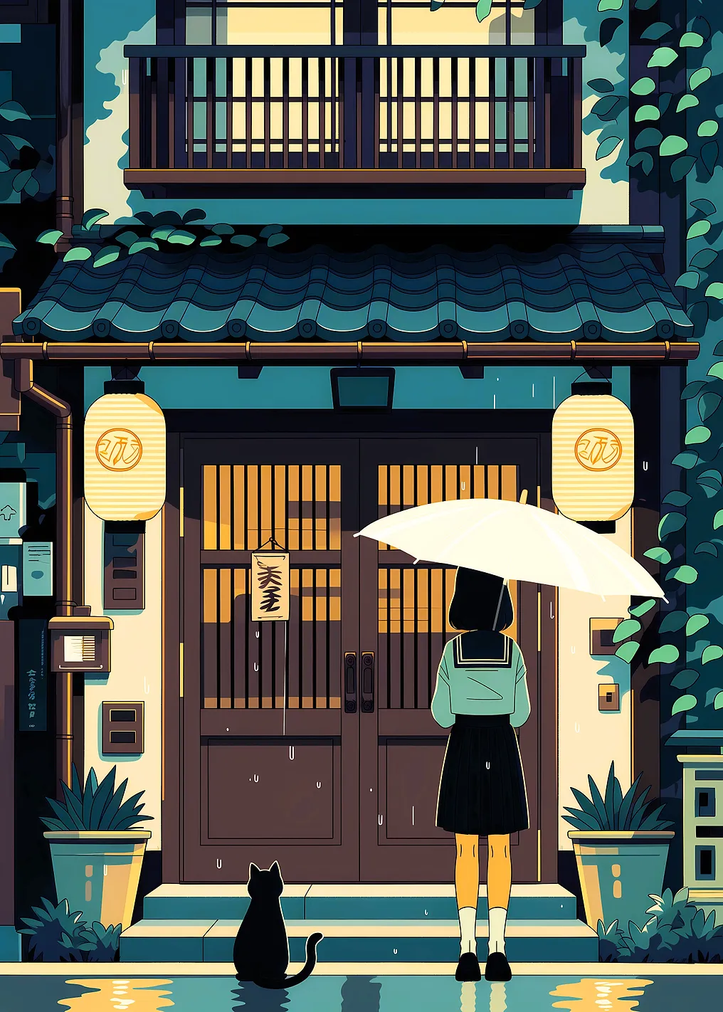 Girl with Umbrella and Cat in Rain - 9635749