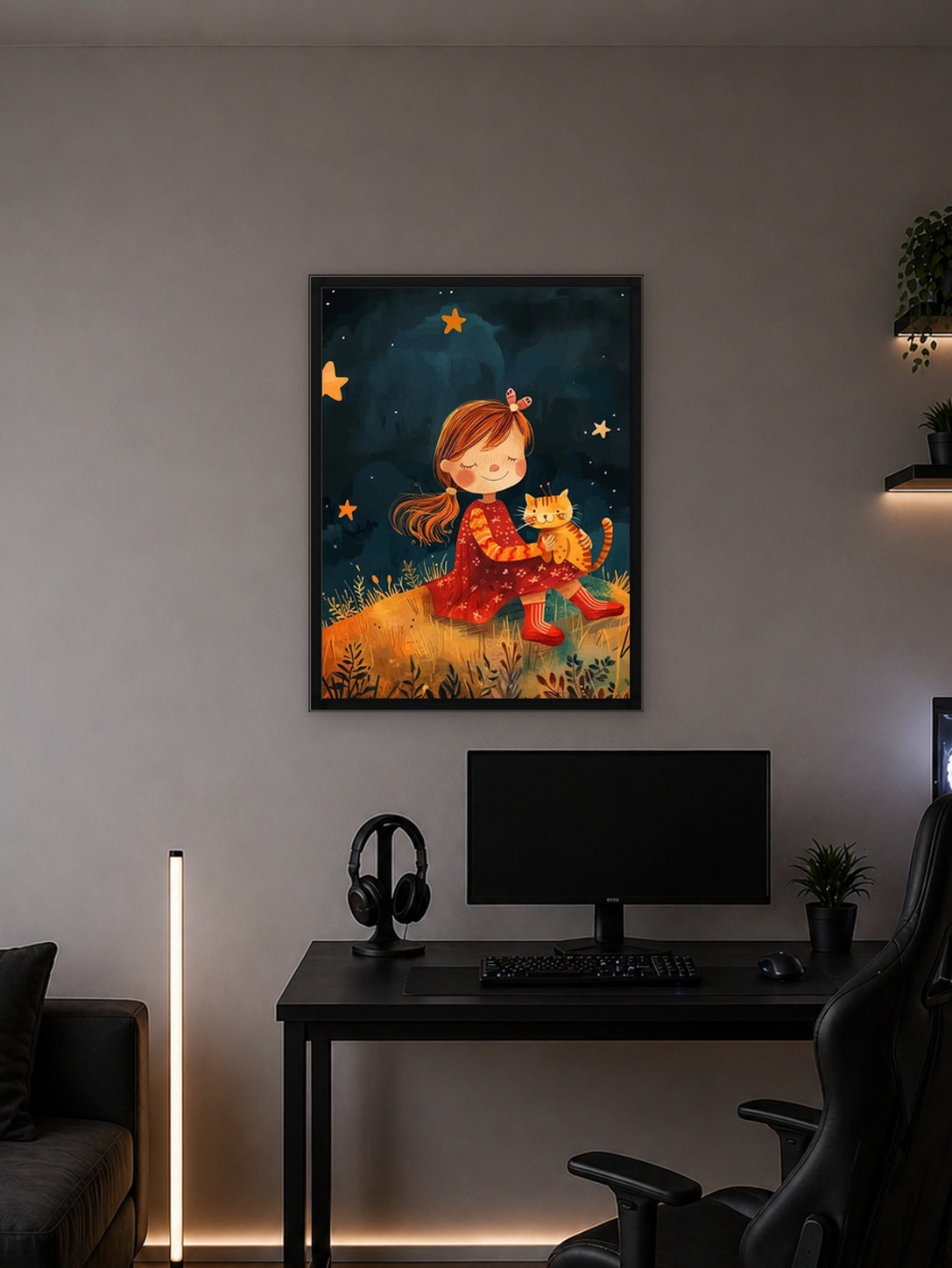 Girl with Cat Under Starry Sky