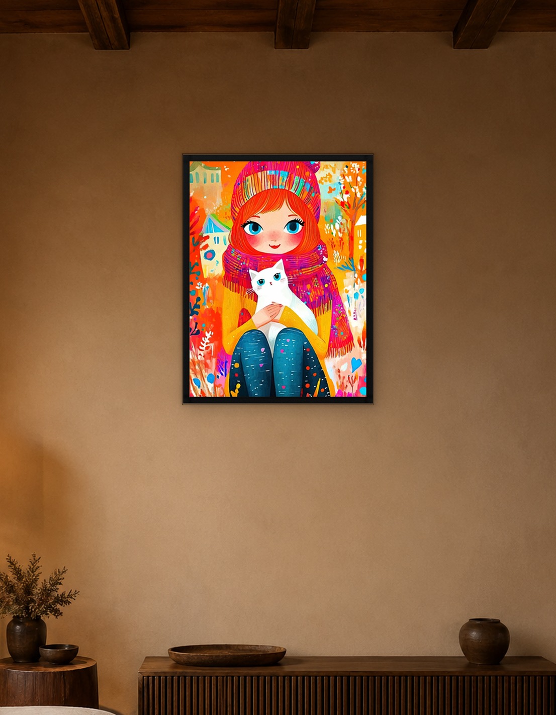 Girl with Cat in Colorful Illustration