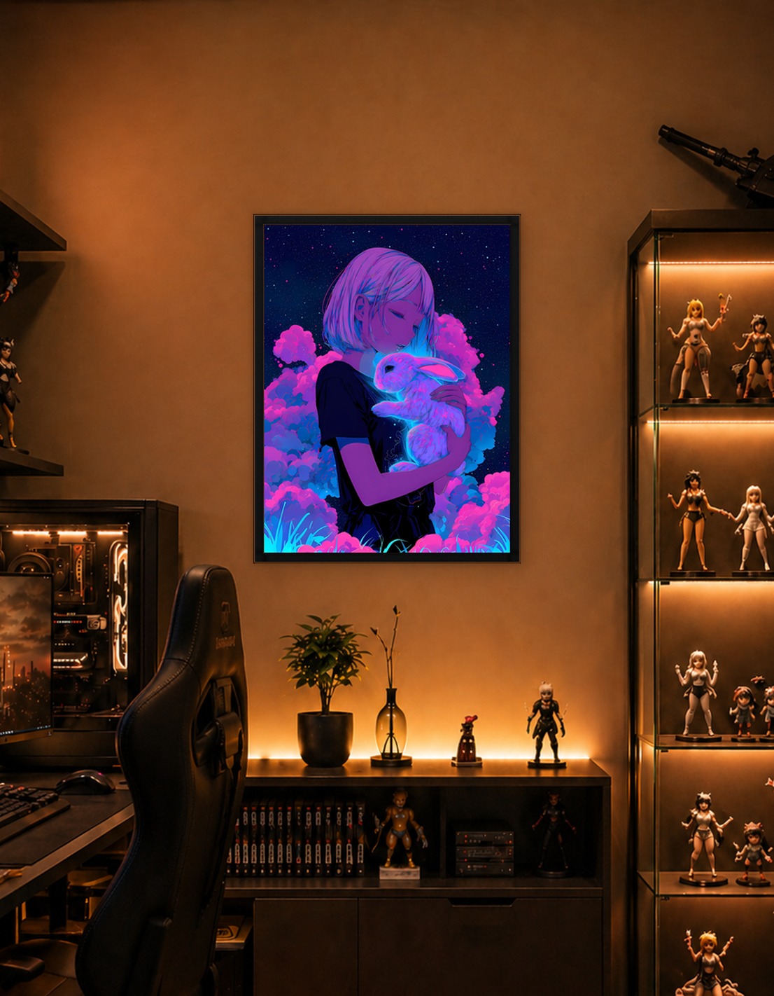 Girl with Rabbit in Neon Dreamscape