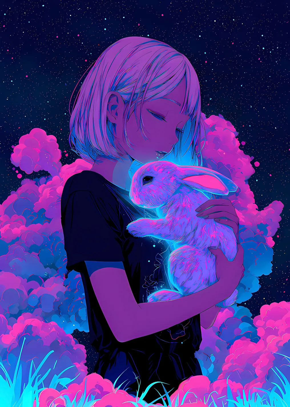 Girl with Rabbit in Neon Dreamscape