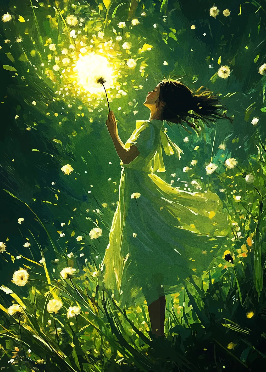 Girl with Dandelion in Green Meadow