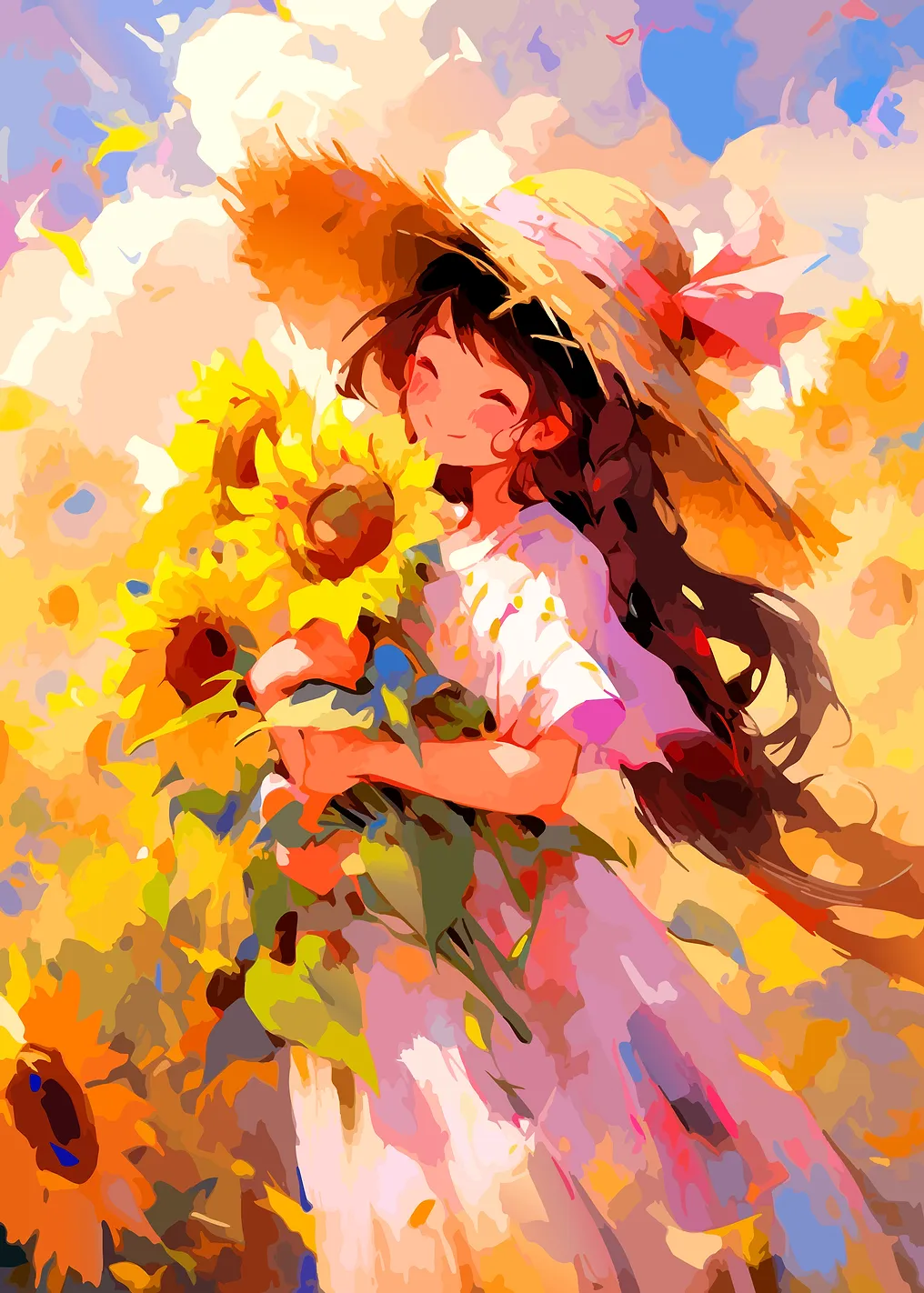Girl with Sunflowers in a Field