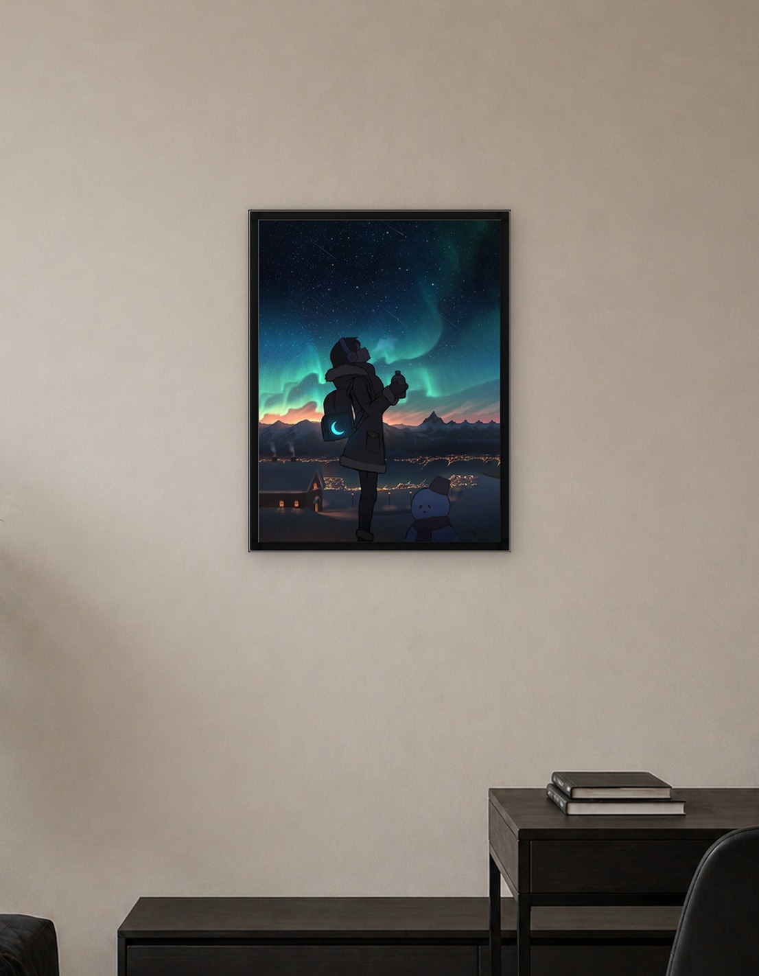 Girl watching Aurora Borealis with Snowman