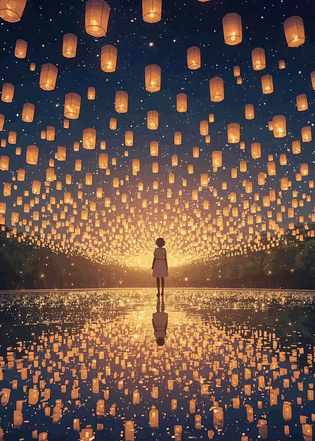 Girl watching sky lanterns over water