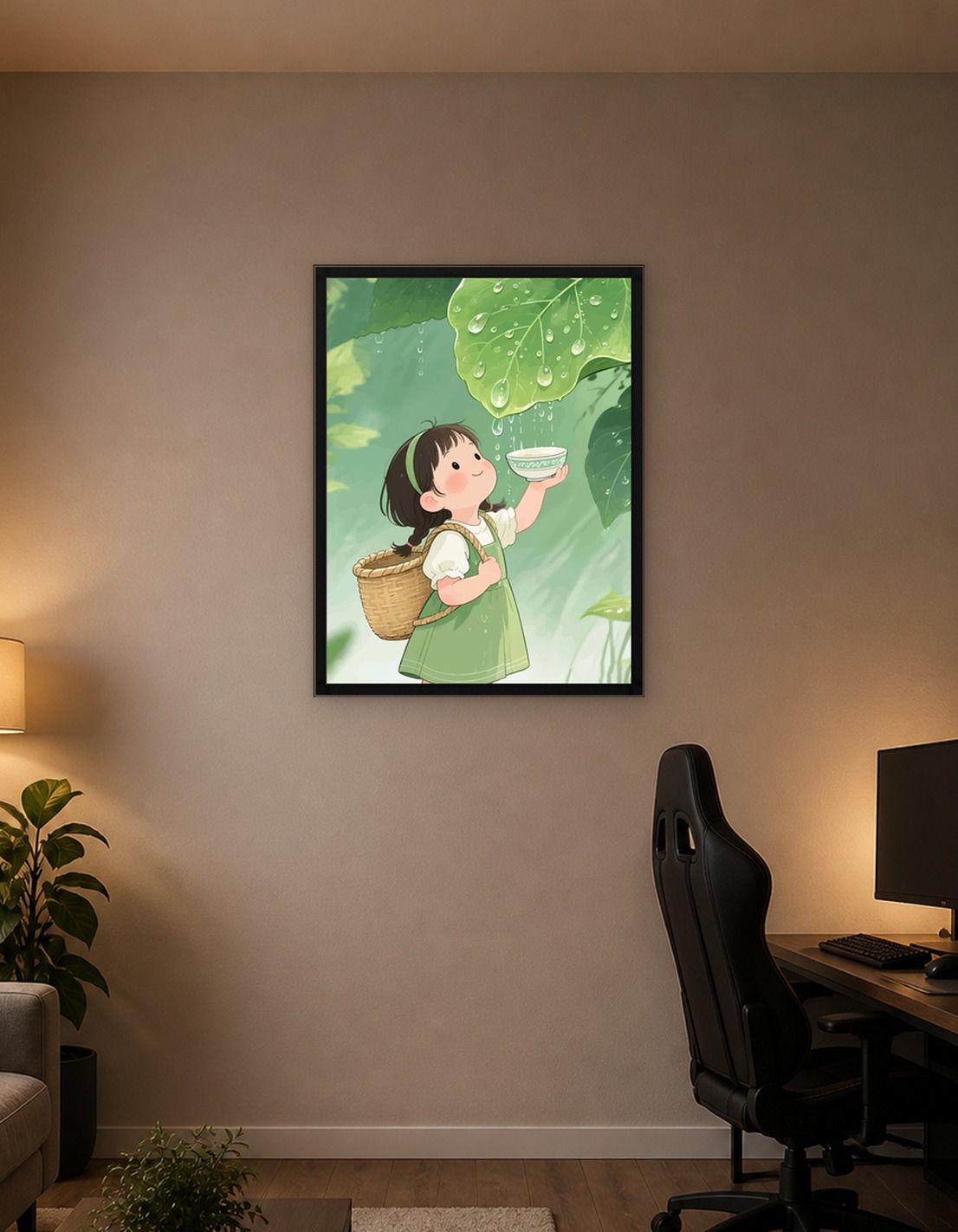 Girl Collecting Rainwater in a Bowl