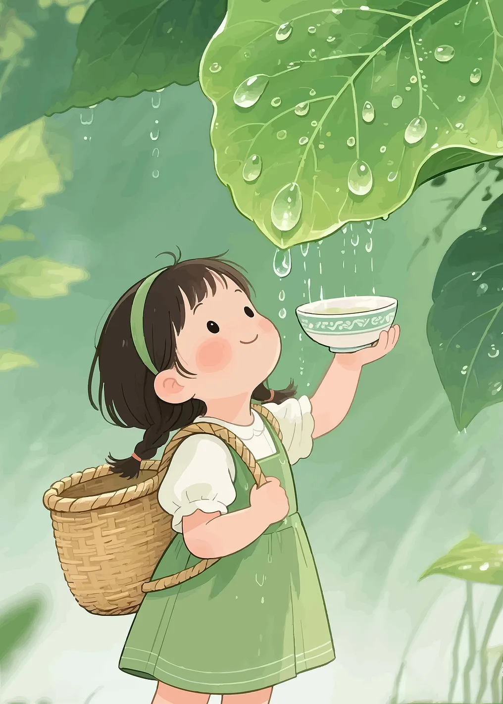 Girl Collecting Rainwater in a Bowl