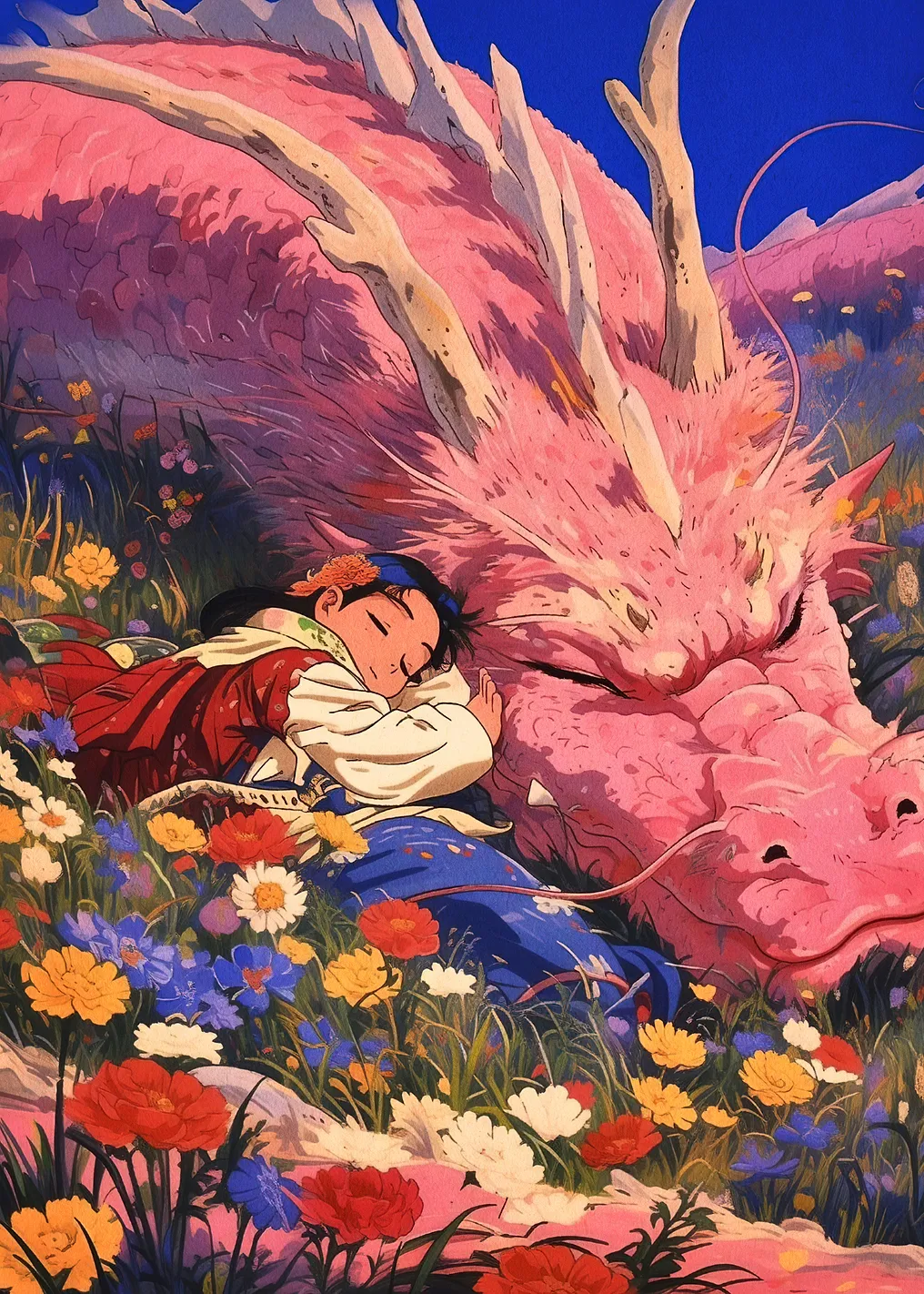 Девушка спит с розовым драконом в поле