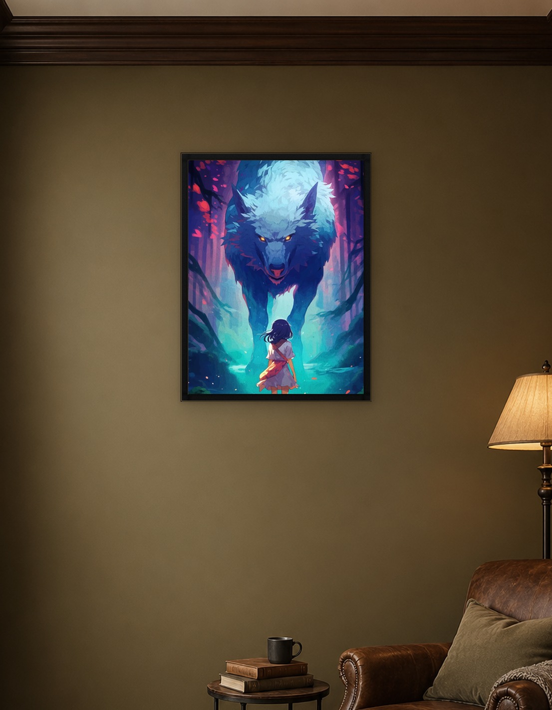 Girl facing a giant wolf in a forest