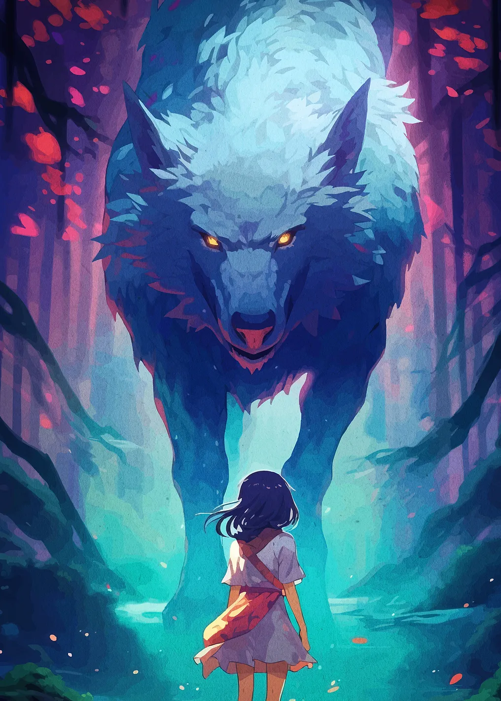Girl facing a giant wolf in a forest