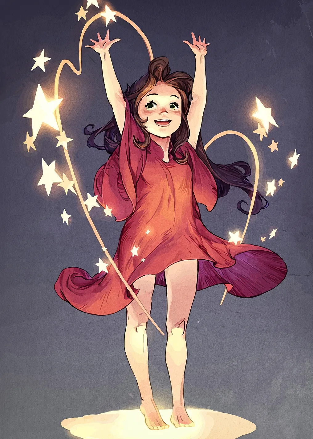 Girl Reaching for Stars Illustration
