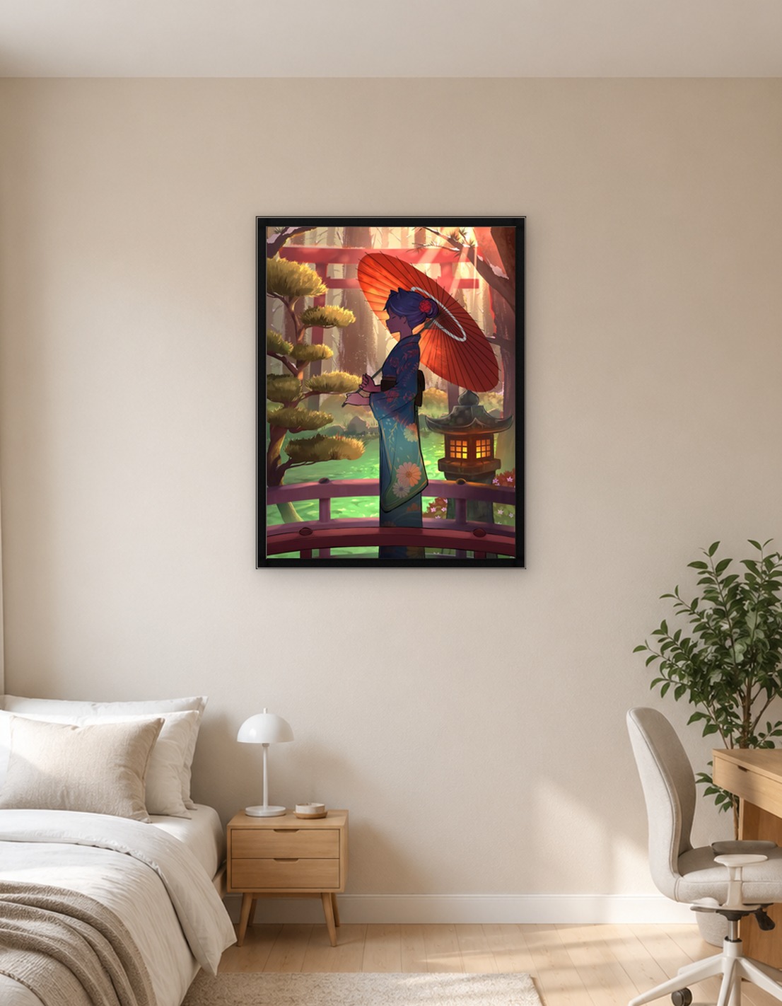 Kimono Girl with Parasol in Garden