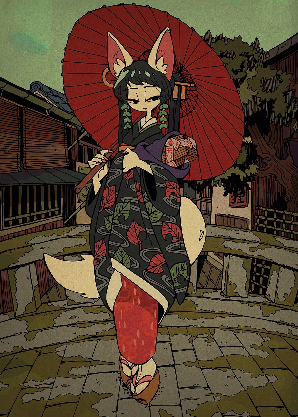 Fox Girl in Kimono with Umbrella