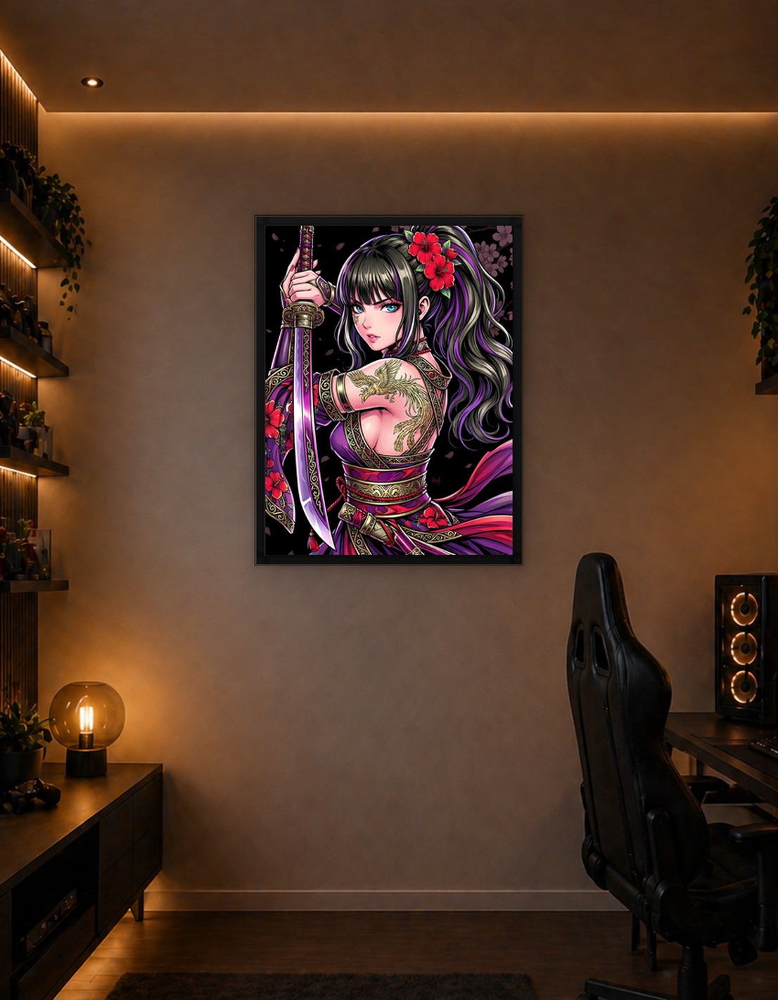 Phoenix Samurai Girl – Floral Katana Warrior on Black