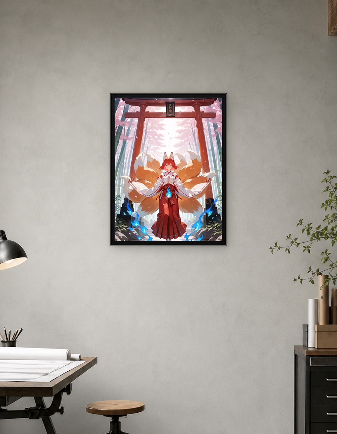 Kitsune Shrine Maiden with Nine Tails
