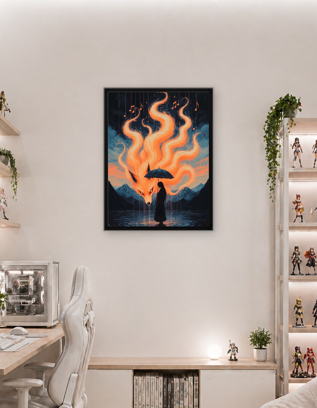 Fiery Fox Spirit and Person in Rain
