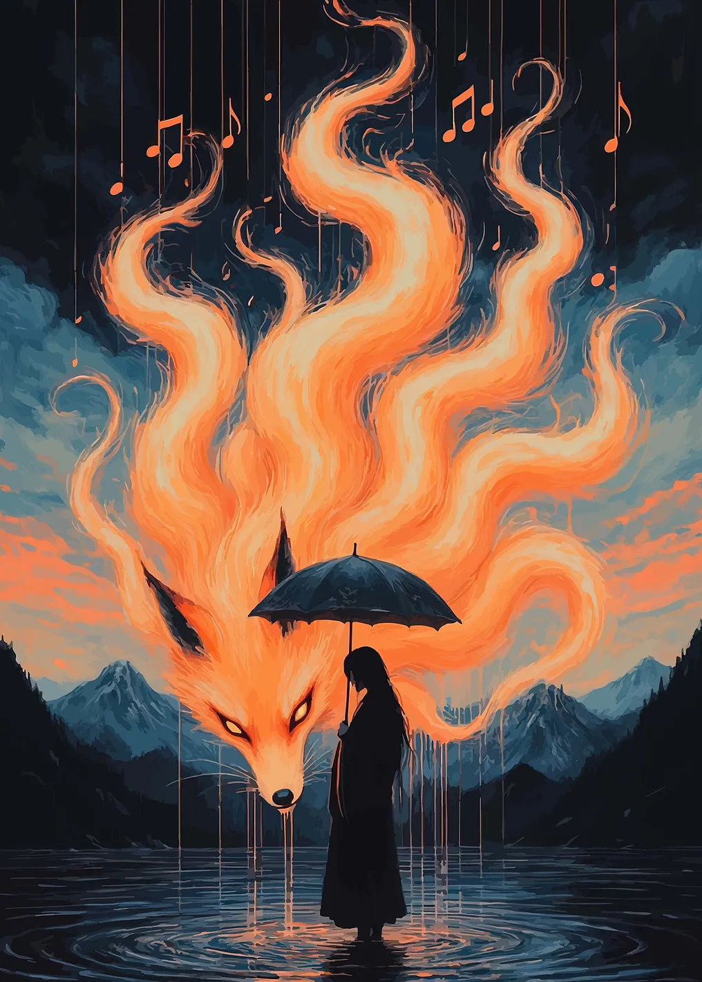 Fiery Fox Spirit and Person in Rain