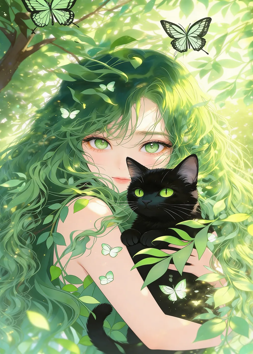 Nature Spirit with Black Cat and Butterflies