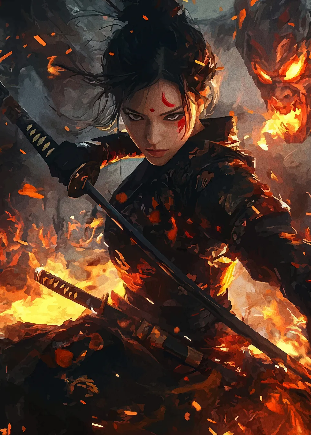 Female Warrior in Fiery Battle