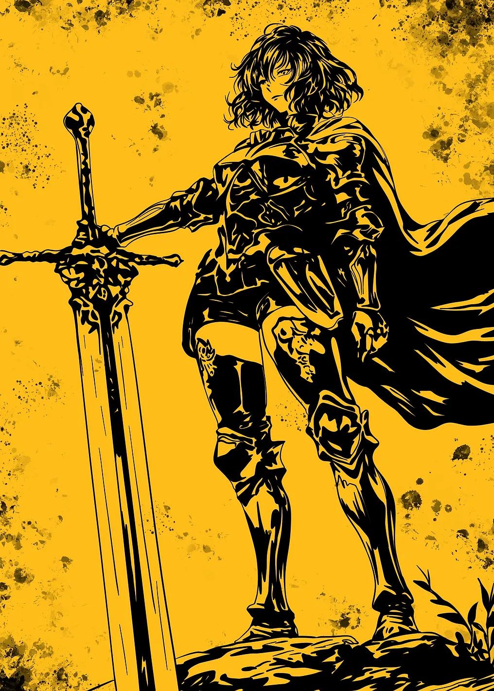 Female Knight with Sword, Black and Yellow