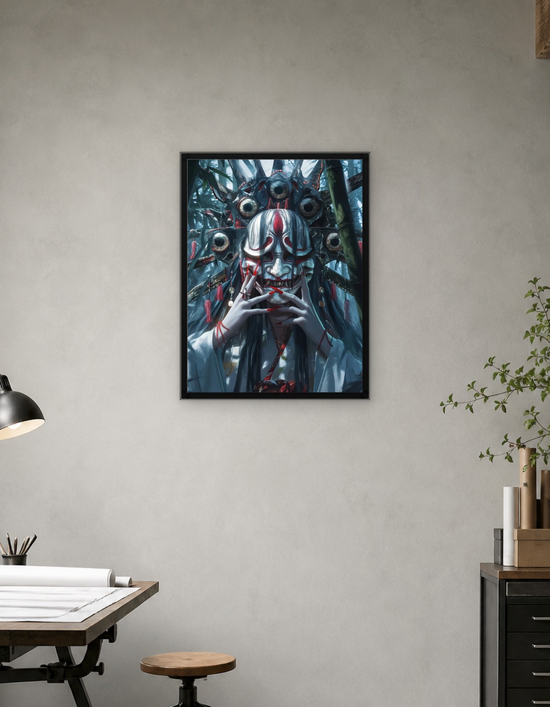 Eerie Masked Figure in Bamboo Forest