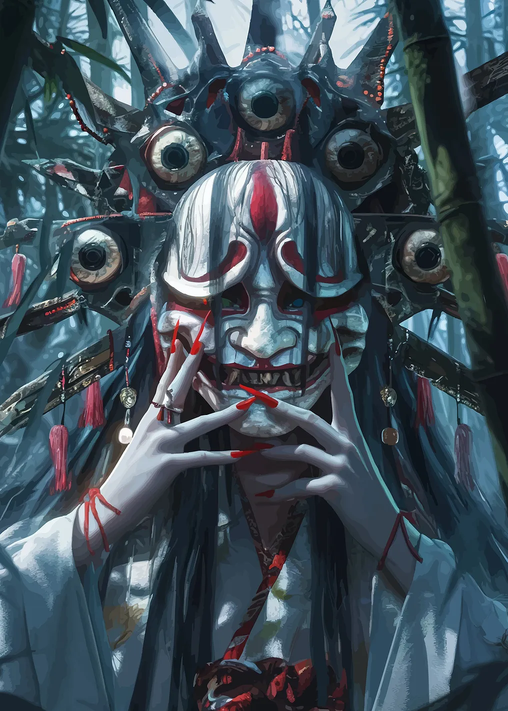 Eerie Masked Figure in Bamboo Forest