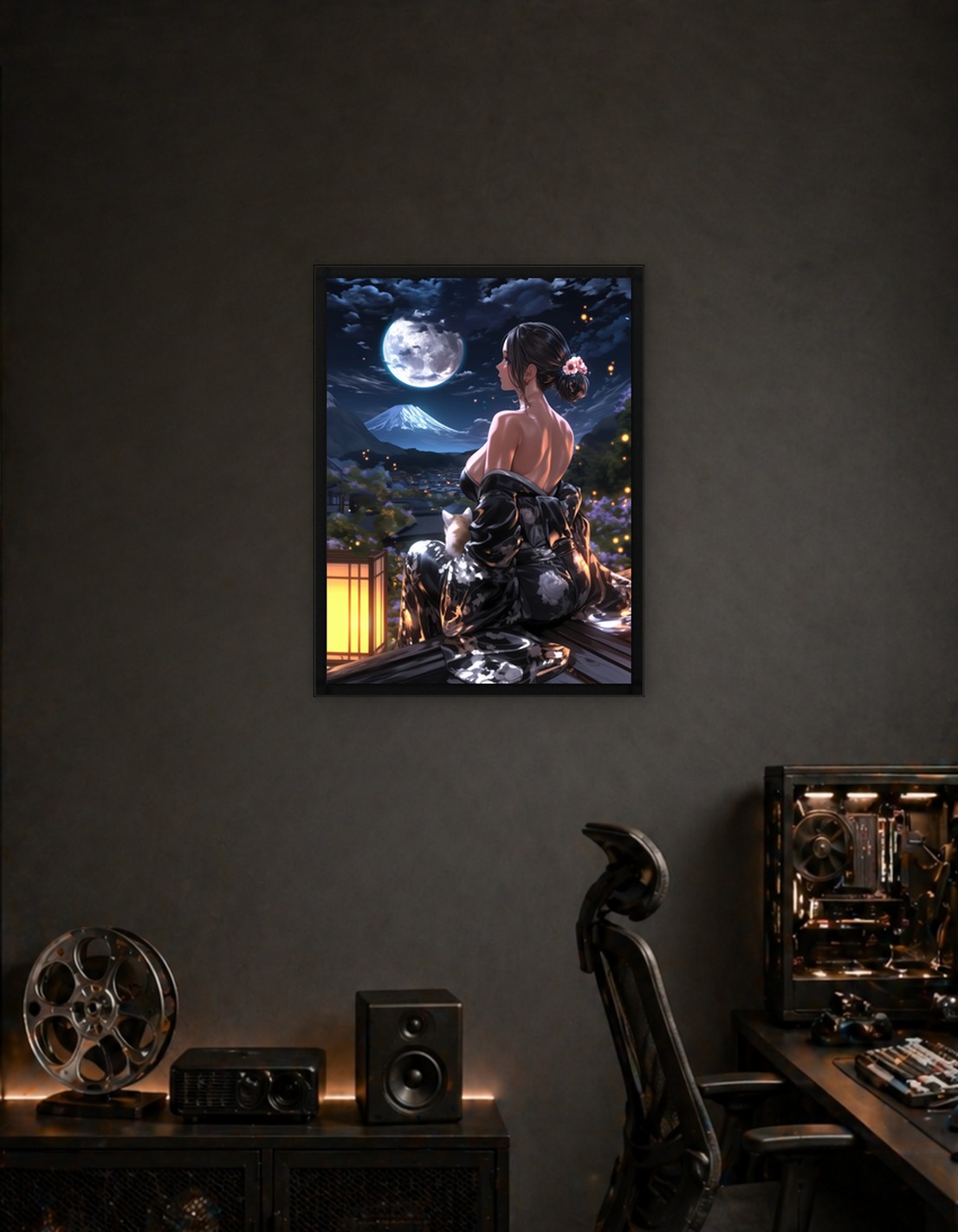 Moonlit Japanese Woman in Kimono Overlooking Mount Fuji – Night Serenity Art