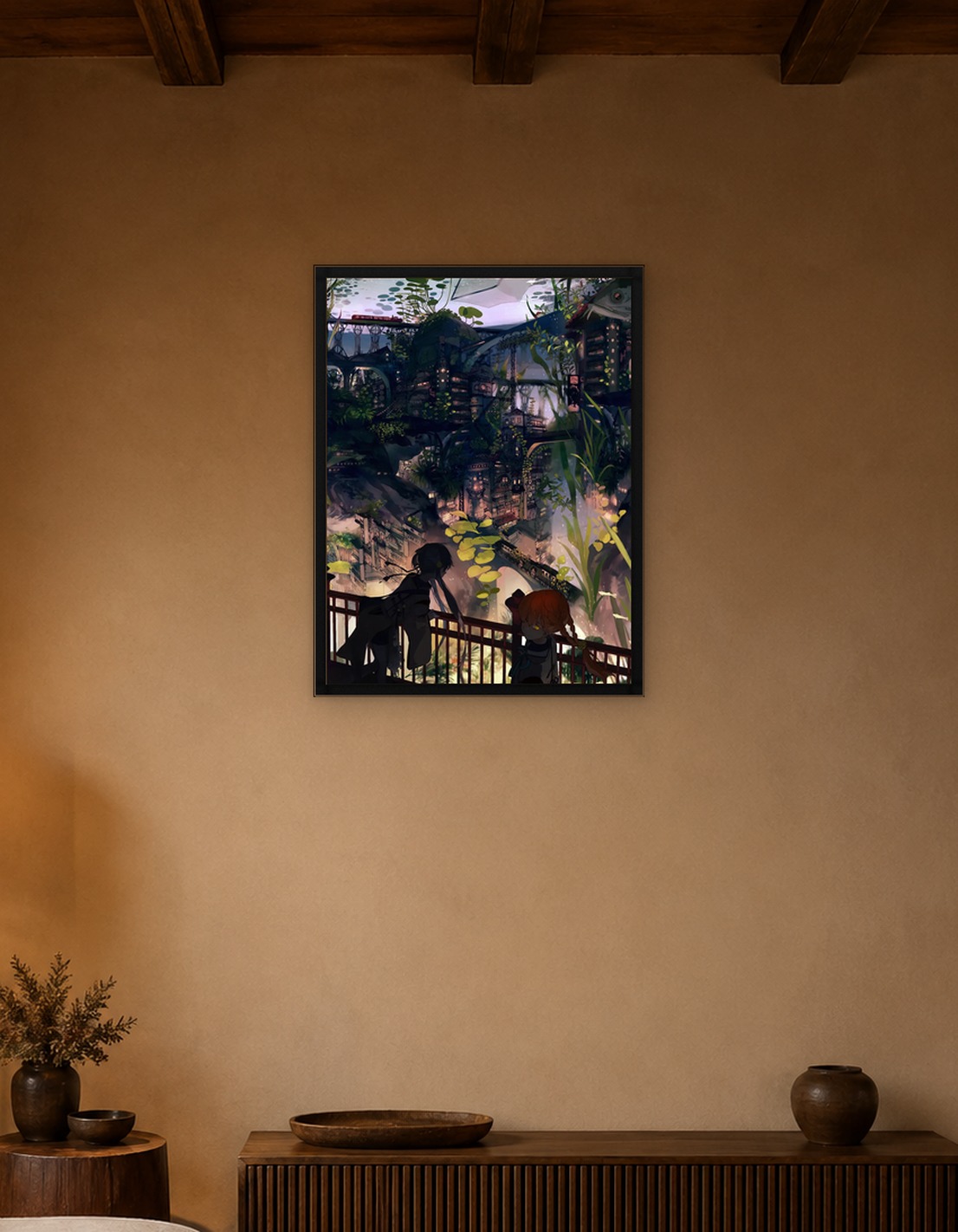 Overgrown Cityscape with Two Figures
